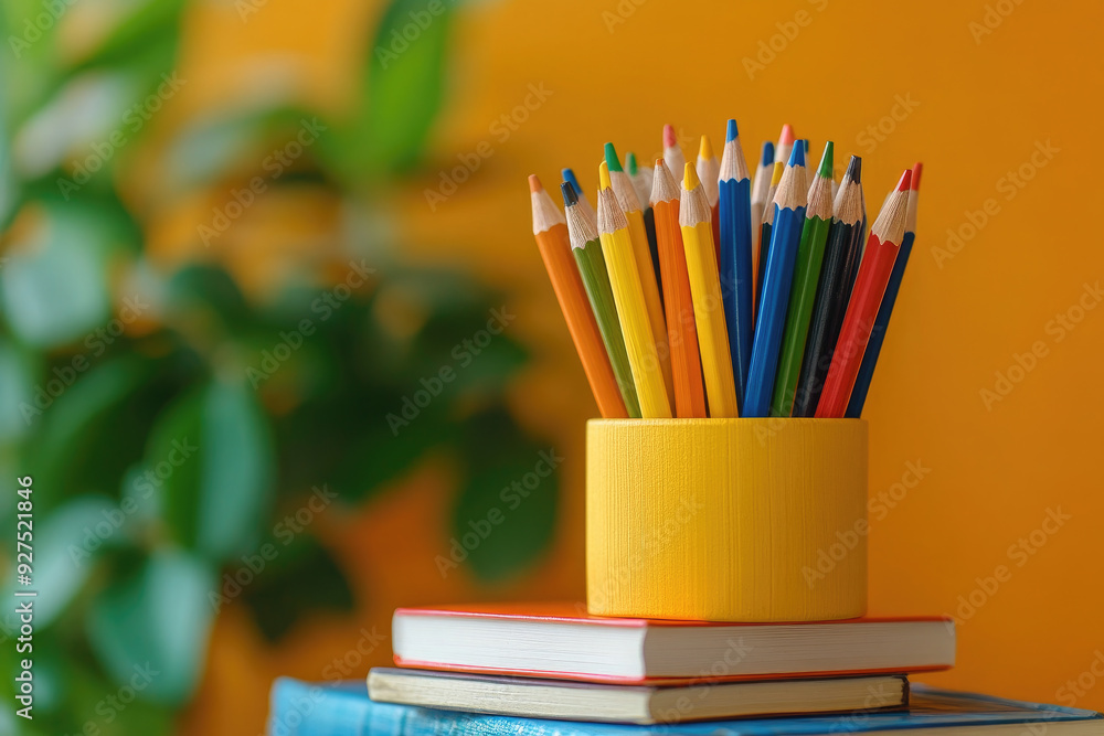 Set of colored pencils in a yellow pencil holder is standing on a stack of books against an orange background with a green plant out of focus Set of colored pencils in a yellow pencil holder is standing on a stack of books against an orange background with a green plant out of focus