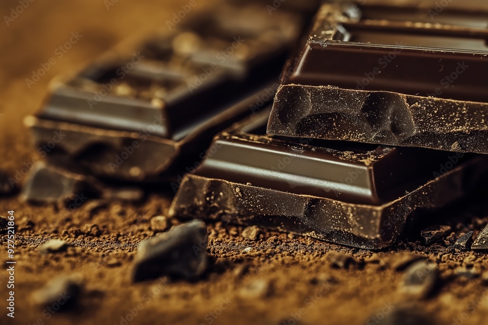 Close-up of dark chocolate bars resting on cocoa powder, highlighting the rich texture and deep brown color. Close-up of dark chocolate bars resting on cocoa powder, highlighting the rich texture and deep brown color.