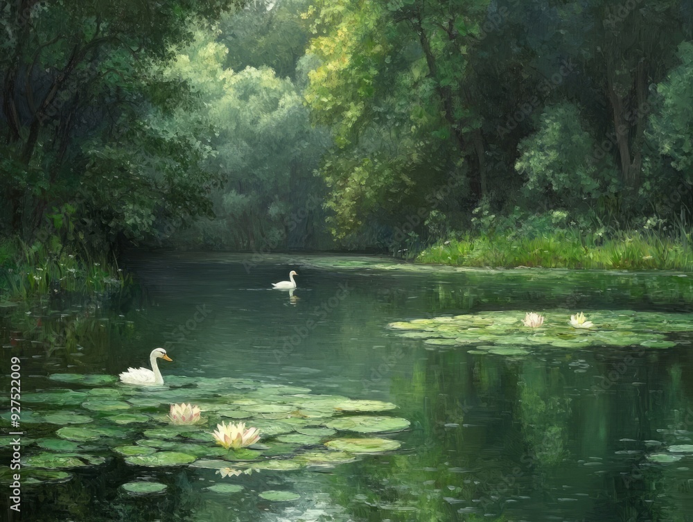 Two swans on a serene river in a forest, with lily pads and flowers. Two swans on a serene river in a forest, with lily pads and flowers.