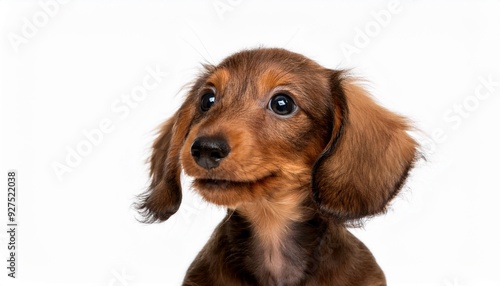 笑顔のミニチュアダックスフンドのポートレート（Portrait of a smiling Miniature Dachshund puppy on white background） 