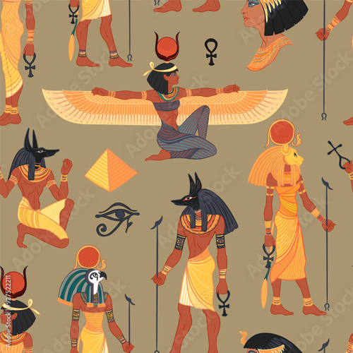 Ancient Egypt. Vintage seamless pattern with Egyptian gods and symbols. Retro hand drawn vector repeating illustration. Ra, Isis, Anubis, Sekhtmet, Cleopatra, pyramid.