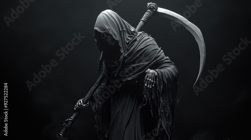 Grim 3D cartoon reaper swinging scythe, shadowy black background