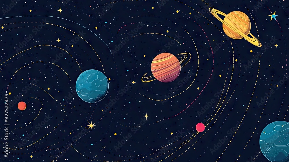 Fototapeta premium Colorful vector map of the solar system showing the orbits of Earth, Jupiter, and Saturn. Modern design with galaxy and star patterns, perfect for educational materials and astronomy posters.