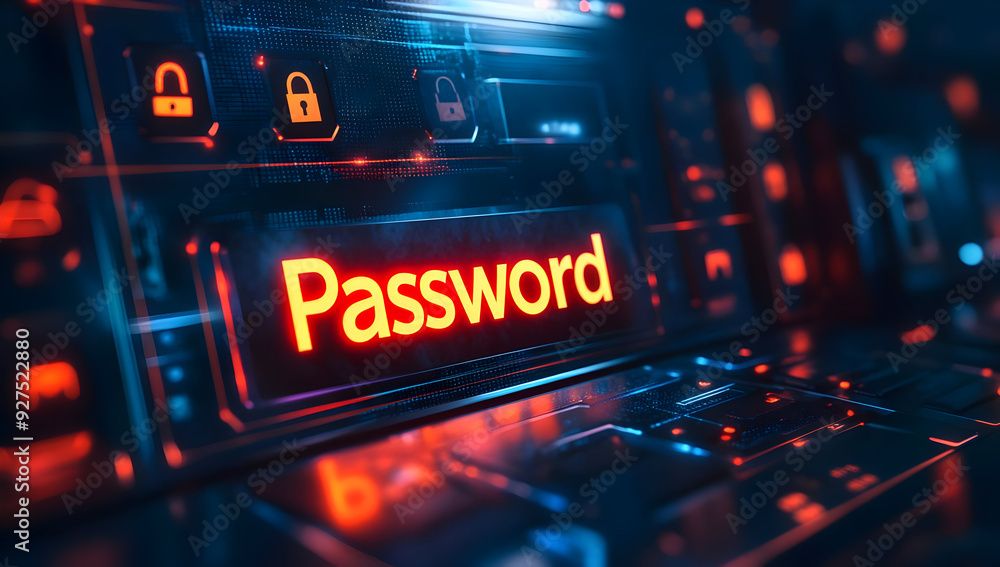 Illuminated keyboard with the word 'Password', highlighting security and digital protection themes in technology. Illuminated keyboard with the word 'Password', highlighting security and digital protection themes in technology.