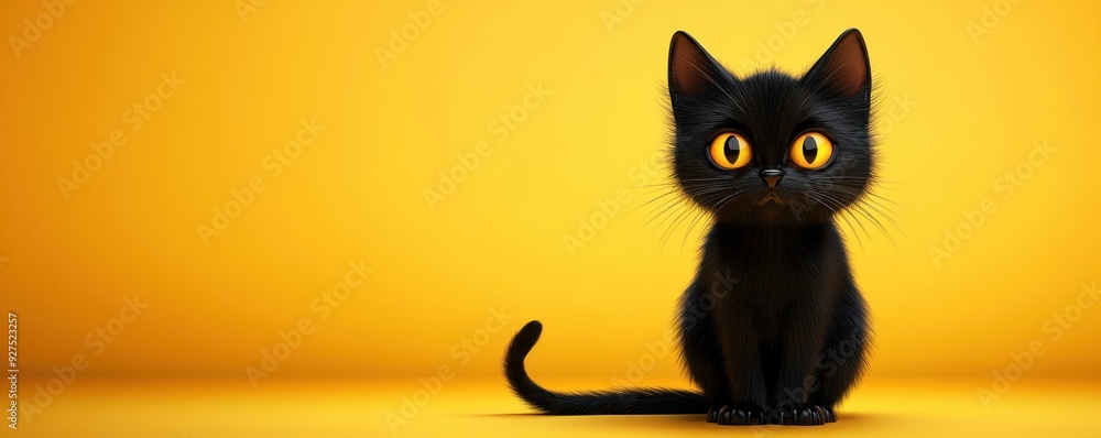Mysterious 3D cartoon black cat arching its back, eerie yellow backdrop Mysterious 3D cartoon black cat arching its back, eerie yellow backdrop