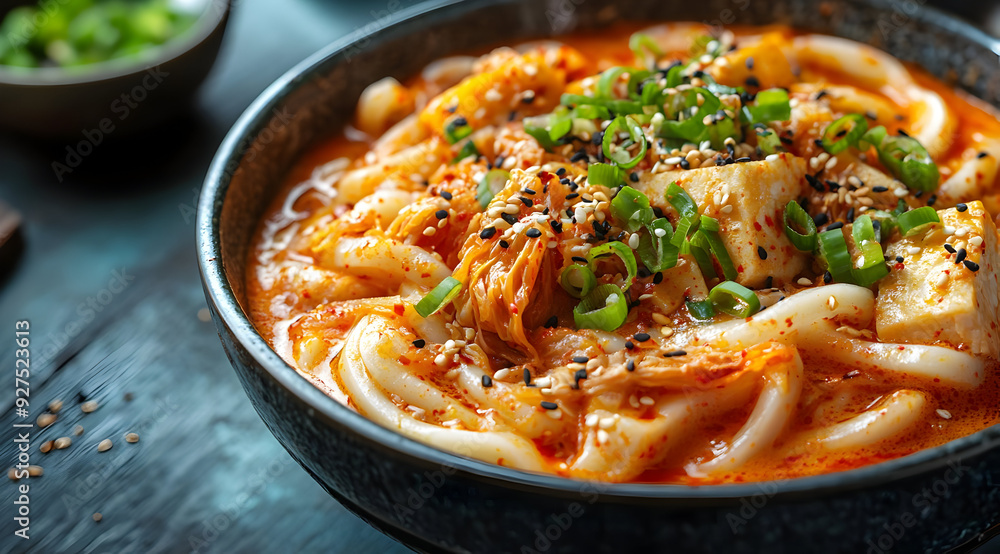 Delicious bowl of spicy udon soup topped with fresh greens and sesame, perfect for food lovers and culinary enthusiasts. Delicious bowl of spicy udon soup topped with fresh greens and sesame, perfect for food lovers and culinary enthusiasts.