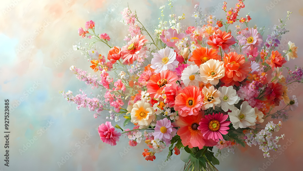 Vibrant bouquet featuring assorted flowers in shades of pink, orange, and white against a soft, pastel background. Vibrant bouquet featuring assorted flowers in shades of pink, orange, and white against a soft, pastel background.