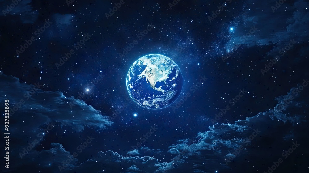 Obraz premium Digital art showing Earth from space with a bright moon and distant stars against a dark blue sky. A vivid depiction of the celestial scene featuring our planet.