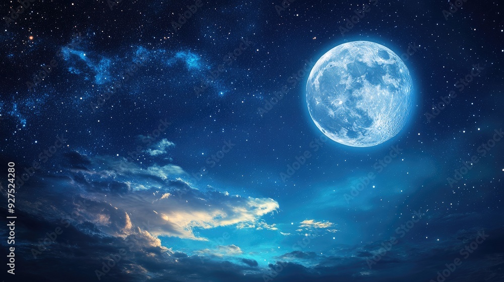 Fototapeta premium Earth visible from space with a glowing moon and twinkling stars on a dark blue sky. Digital illustration capturing the beauty of our planet and celestial bodies.