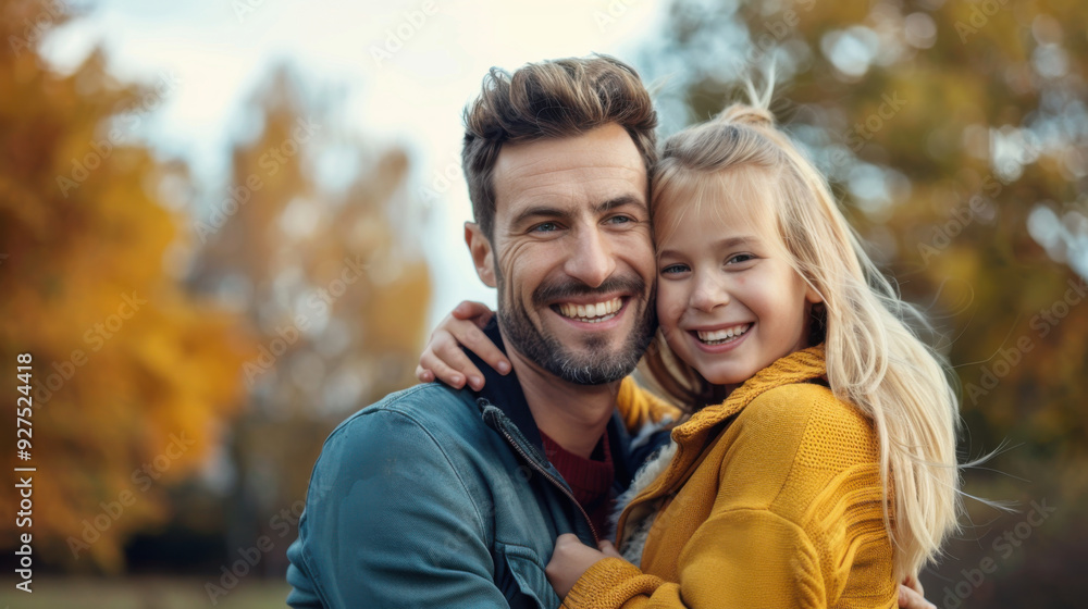 A happy father embraces his smiling daughter in an outdoor autumn setting, celebrating family bonding and love. A happy father embraces his smiling daughter in an outdoor autumn setting, celebrating family bonding and love.