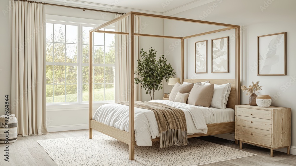 Bedroom with a four-poster bed, neutral bedding, and a statement rug Bedroom with a four-poster bed, neutral bedding, and a statement rug