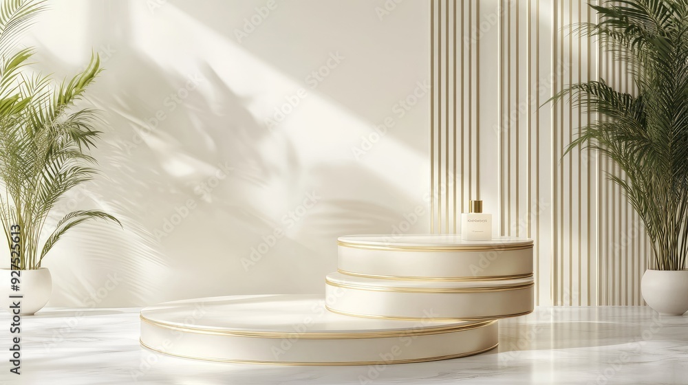 Elegant multi-tiered cream podium with gold lines on the back. Ideal for high-end cosmetic product display. 3D rendering with a sophisticated design for a luxurious presentation. Elegant multi-tiered cream podium with gold lines on the back. Ideal for high-end cosmetic product display. 3D rendering with a sophisticated design for a luxurious presentation.