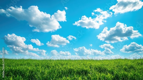 A vibrant landscape featuring lush green grass under a bright blue sky with fluffy clouds.