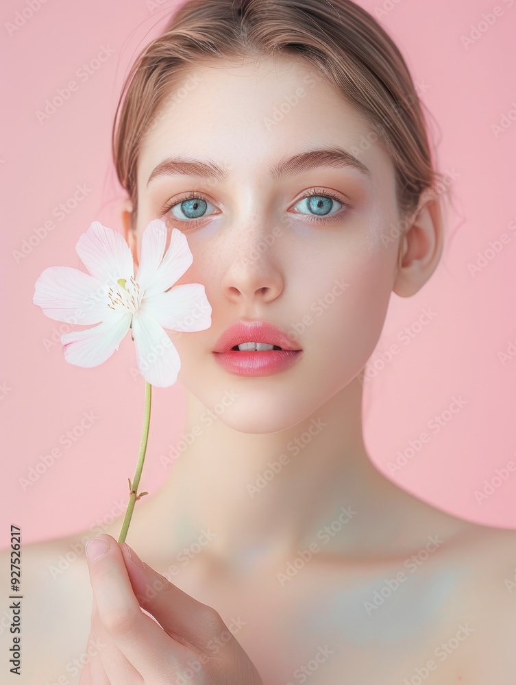 Fototapeta premium Serene Beauty - Young Woman with Flawless Skin Holding Delicate Flower in Soft Pastel Light, Ideal for Skincare Promotion