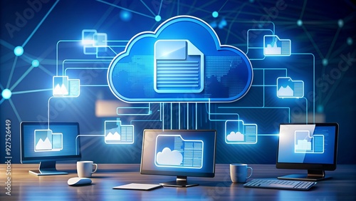 Cloud Computing:  A businessman works on a laptop in his office, with a cloud icon and data files symbolizing seamless data storage and connectivity.  A modern, minimalist workspace setting,  photo