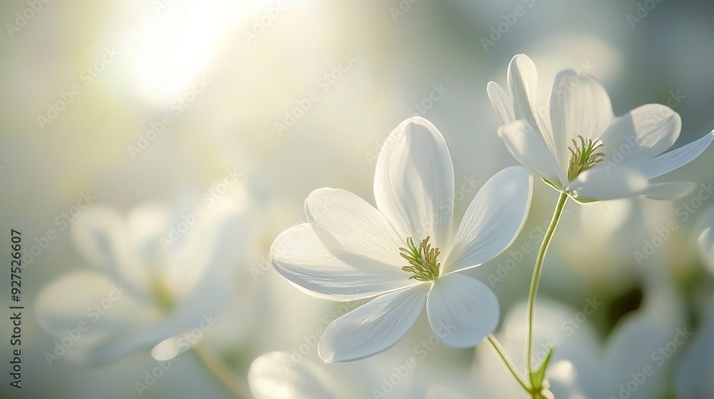 A high-definition, close-up image of pristine white flowers against a soft, defocused background, with sunlight filtering through, highlighting the flowers' delicate features A high-definition, close-up image of pristine white flowers against a soft, defocused background, with sunlight filtering through, highlighting the flowers' delicate features
