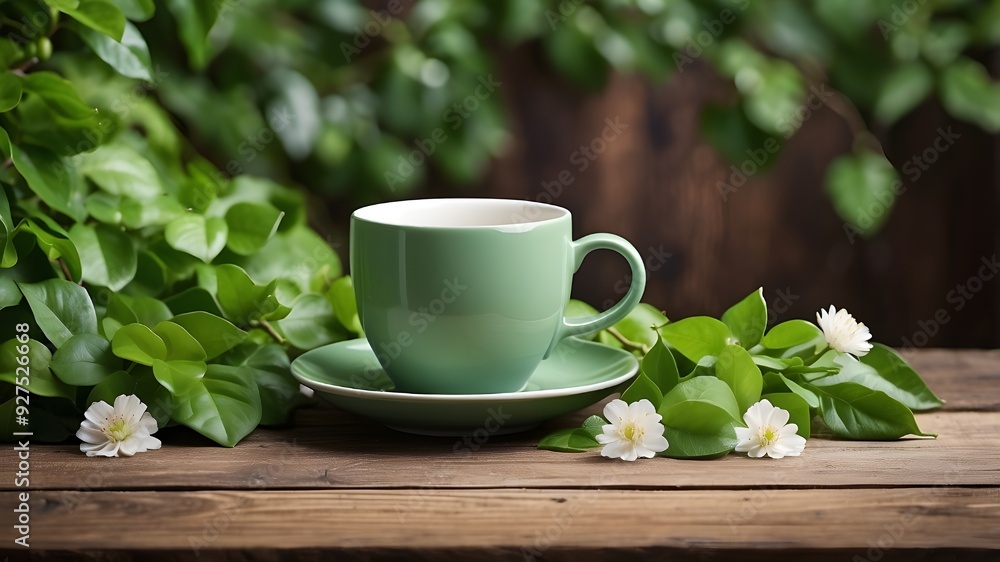 Coffee cup with lots of copy space, ideal for a cover or card design, surrounded by flowers and green foliage on a rustic wooden background. Coffee cup with lots of copy space, ideal for a cover or card design, surrounded by flowers and green foliage on a rustic wooden background.