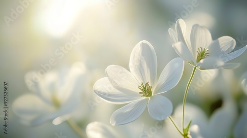 A high-definition, close-up image of pristine white flowers against a soft, defocused background, with sunlight filtering through, highlighting the flowers' delicate features