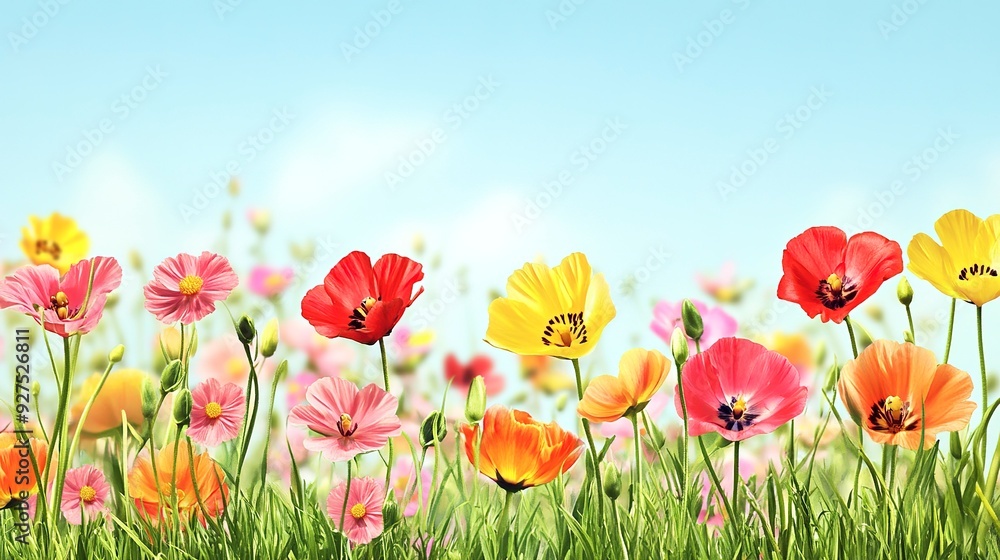 Naklejka premium Colorful spring flowers on panoramic banner