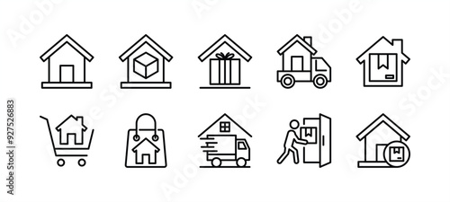 Home line icon set. Containing house delivery, shipping, shipment, package, packet, parcel, gift, cardboard box, courier, buy house with shopping cart, bag, cargo truck. Vector illustration