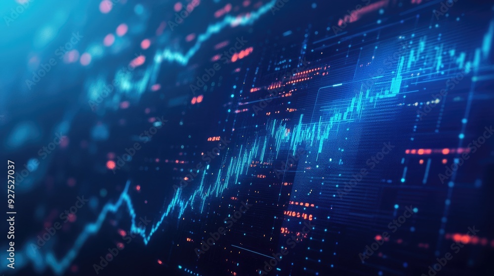 Fototapeta premium Futuristic blue background with a business graph illustrating investment growth and success. Includes financial data, stock market trading charts, and profit trends.