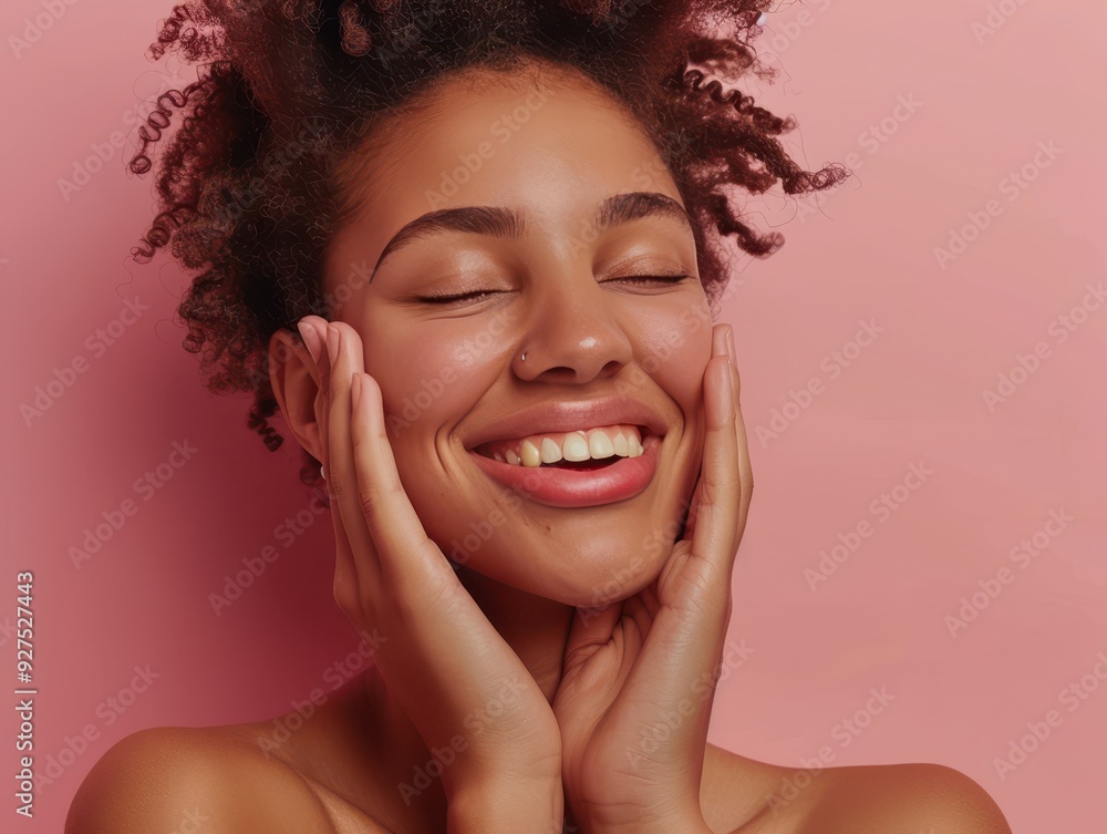 Serene Beauty - Young woman with flawless skin and serene smile touching face, isolated on pastel background for beauty industry. Serene Beauty - Young woman with flawless skin and serene smile touching face, isolated on pastel background for beauty industry.
