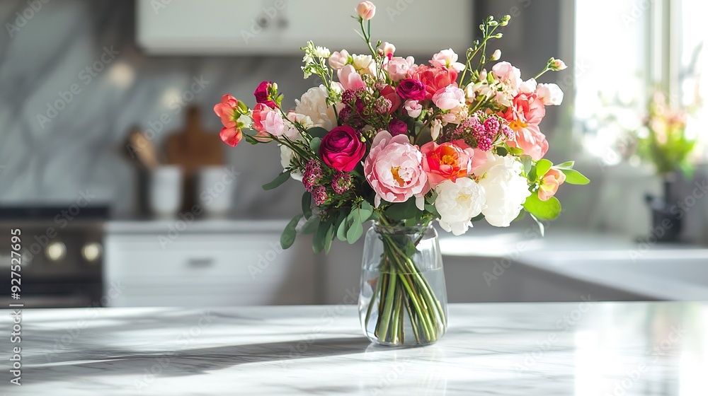Spring floral bouquet on kitchen counter Spring floral bouquet on kitchen counter