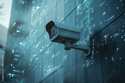 Wallpaper Mural A CCTV camera mounted on a wall, with a blue light reflection. Torontodigital.ca