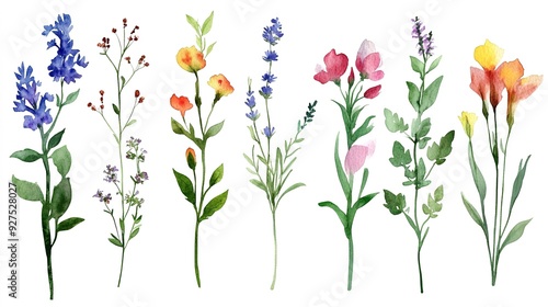 The wild fields of herbs flowers. Wildflowers watercolor collection - bouquets, borders, frames. Illustration of leaves, branches and flowers.