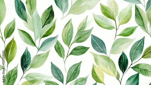 Hand-painted watercolor leaves in shades of green arranged into a seamless pattern. A refreshing and elegant nature-themed background suitable for designs with a natural vibe.