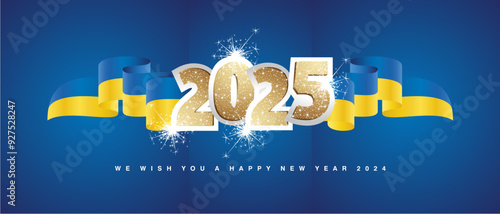 2025 New Year concept design template with golden glitter 2025 front on Ukraine blue yellow wavy flag ribbon. 2025 premium design vector with light sparkle firework isolated on blue background