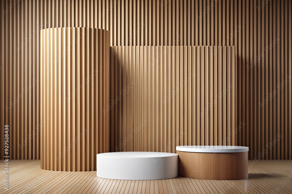 Minimalist Wooden Podiums: A serene display of brown and white podiums against a slatted wooden backdrop, perfect for showcasing products or designs. Minimalist Wooden Podiums: A serene display of brown and white podiums against a slatted wooden backdrop, perfect for showcasing products or designs.