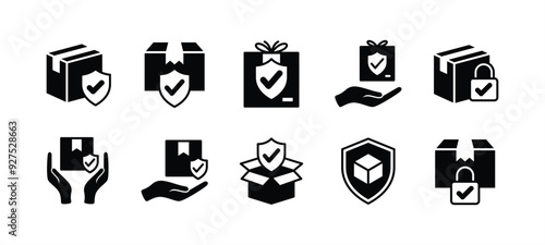 Package, parcel, gift and packet protection flat icon set. Containing safe delivery, cardboard box with shield and checkmark, shipping or shipment care service, insurance. Vector illustration