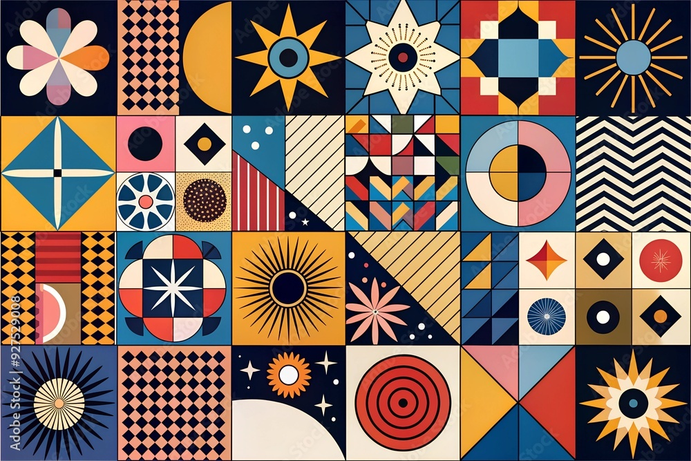 Geometric Abstract Mosaic: A vibrant, playful mosaic of geometric shapes and patterns, evoking a sense of harmony and order within vibrant colors. Geometric Abstract Mosaic: A vibrant, playful mosaic of geometric shapes and patterns, evoking a sense of harmony and order within vibrant colors.