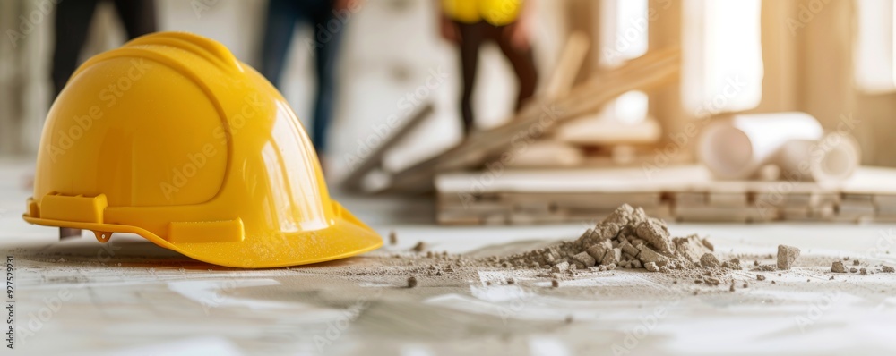 A close-up of a yellow hard hat on a construction site, showcasing safety equipment and building materials in the background. A close-up of a yellow hard hat on a construction site, showcasing safety equipment and building materials in the background.