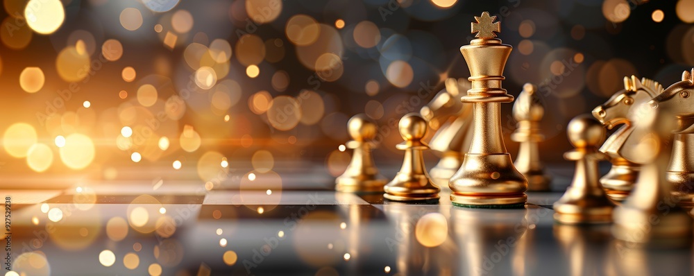 A close-up of elegant golden chess pieces set on a checkerboard, illuminated by a shimmering background of warm bokeh lights. A close-up of elegant golden chess pieces set on a checkerboard, illuminated by a shimmering background of warm bokeh lights.
