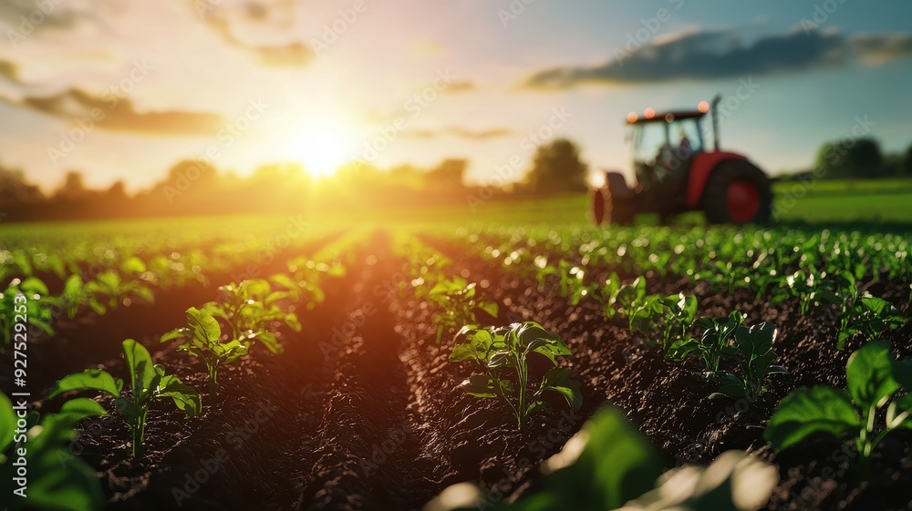 A serene landscape showcasing rows of vibrant crops under a beautiful sunset, with a tractor in the background. A serene landscape showcasing rows of vibrant crops under a beautiful sunset, with a tractor in the background.