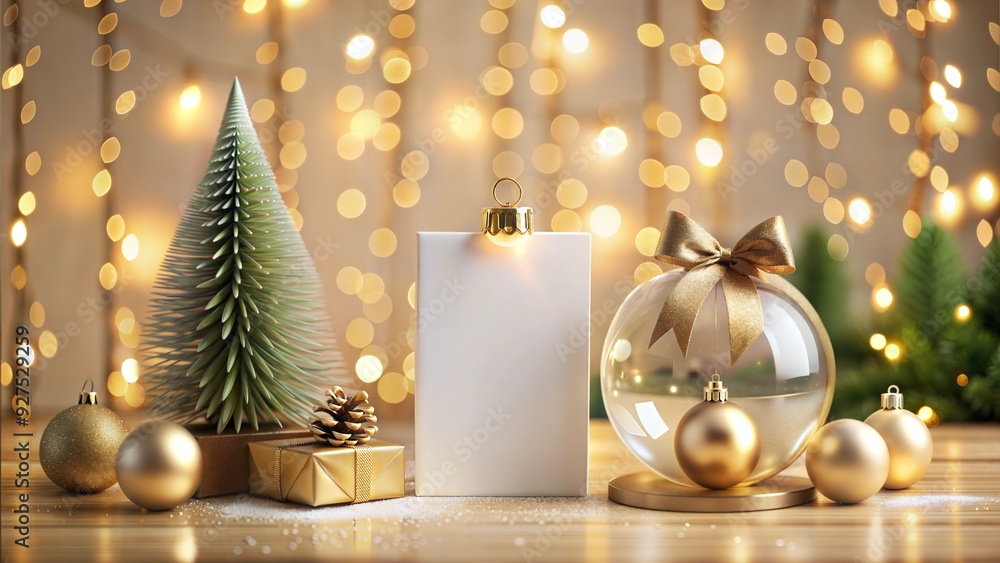 Golden Christmas Greeting: A blank card awaits your festive message amidst a sparkling Christmas scene with a miniature tree, shimmering ornaments, and a warm, inviting glow. Golden Christmas Greeting: A blank card awaits your festive message amidst a sparkling Christmas scene with a miniature tree, shimmering ornaments, and a warm, inviting glow.