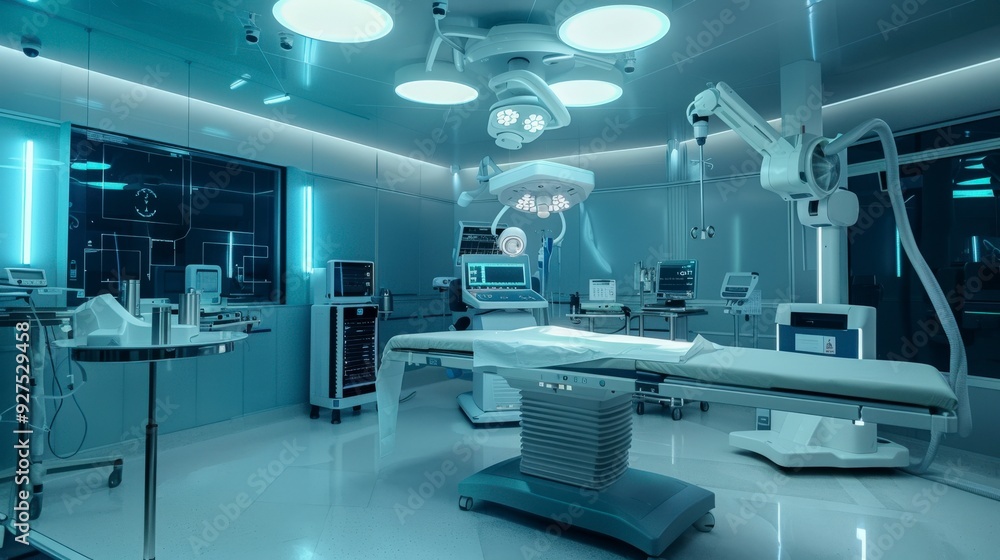 A modern operating room with surgical equipment and a sterile table, ready for surgery. A modern operating room with surgical equipment and a sterile table, ready for surgery.
