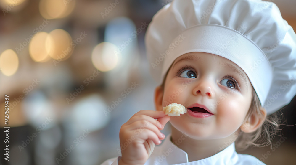 The image shows a small child in a chef's hat holding food and looking delighted. It creates an atmosphere of innocence and joy in a culinary setting The image shows a small child in a chef's hat holding food and looking delighted. It creates an atmosphere of innocence and joy in a culinary setting