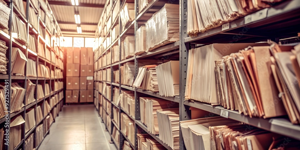 Obraz premium Warehouse Symphony in Aisles of Order: A vast storage facility hums with potential, bathed in the warm glow of logistics and efficiency. 