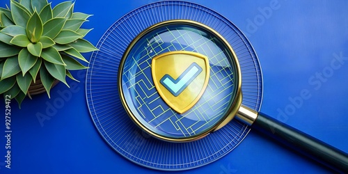 Cybersecurity Under Scrutiny: A golden shield with a checkmark, symbolizing data protection, magnified under a vintage magnifying glass on a vibrant blue background. Ideal for cybersecurity, data priv photo