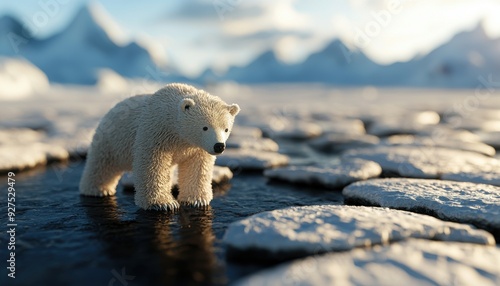 A serene polar bear stands on ice, surrounded by a stunning icy landscape, capturing the beauty of Arctic wildlife and nature. photo