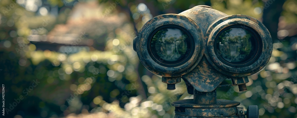 An aged binoculars stand amid lush greenery, inviting exploration and fascination in a serene outdoor setting.
