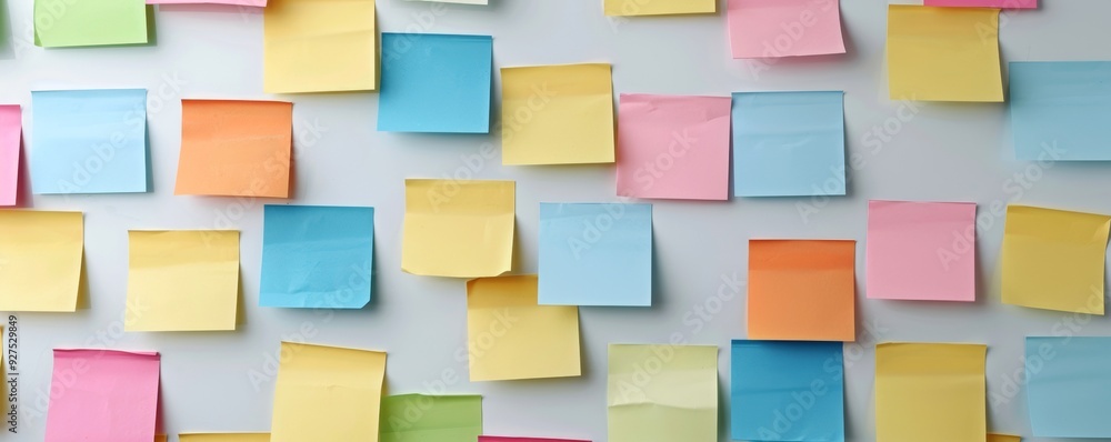 Colorful sticky notes arranged on a wall, ideal for brainstorming ideas or organizing thoughts in creative workspaces. Colorful sticky notes arranged on a wall, ideal for brainstorming ideas or organizing thoughts in creative workspaces.