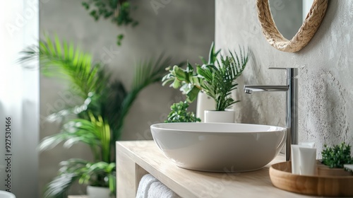 Bathroom with energy-efficient fixtures and a modern design, focusing on reducing carbon footprin photo