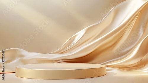 Luxury branding background featuring a beige podium with gold fabric waves. 3D illustration for sophisticated product displays and presentations.