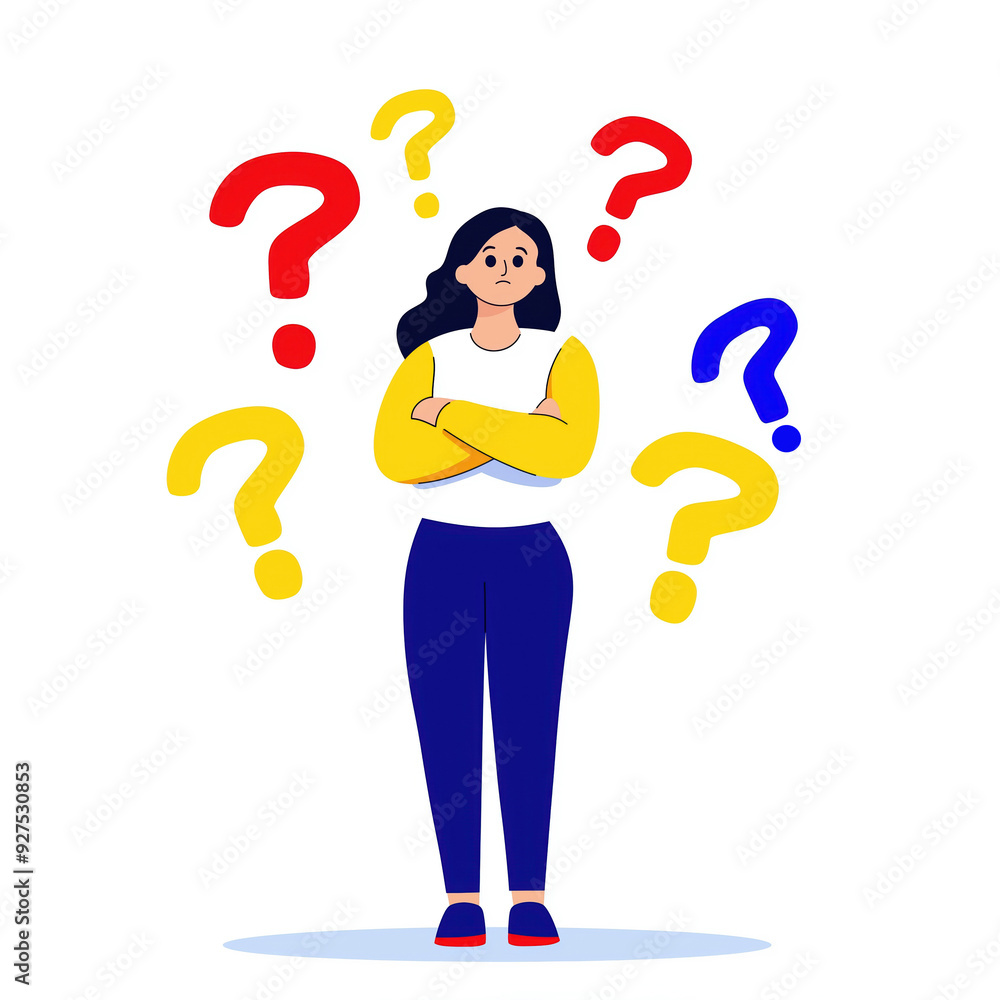 Illustration of a woman standing with arms crossed surrounded by colorful question marks, symbolizing confusion or uncertainty. Illustration of a woman standing with arms crossed surrounded by colorful question marks, symbolizing confusion or uncertainty.