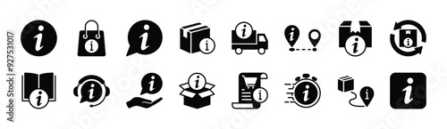 Info or information icon vector set. Containing button, online shop, guidebook, customer service, delivery, package, tracking, shopping list, time, distance, return, communication, unboxing