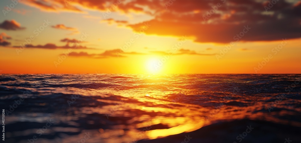 Fototapeta premium A stunning sunset over calm ocean waters, showcasing vibrant colors and serene waves, perfect for relaxation and tranquility.
